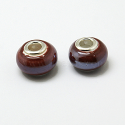 Handmade Porcelain European Beads, with Silver Color Brass Double Cores, Rondelle, Dark Red, 15x10~11mm, Hole: 5mm(OPDL-G001-7)