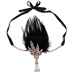 Feather Hippie Headband Floral Crown,with Alloy Chain & Rhinestone, Wedding Party Beach Bridal Decorative Hair Accessories, Black, 220~1170x9~145x22mm, 2pcs/set(DIY-WH0321-43)