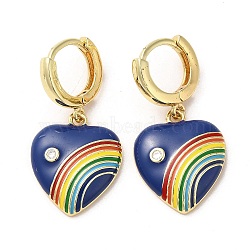 Heart with Rainbow Real 18K Gold Plated Brass Dangle Hoop Earrings, with Cubic Zirconia and Enamel, Dark Blue, 34.5x18mm(EJEW-L268-042G-04)