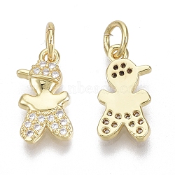 Brass Micro Pave Cubic Zirconia Charms, with Jump Ring, Nickel Free, Boy, Clear, Real 18K Gold Plated, 13x7x2.5mm, Hole: 3mm(ZIRC-R109-025G-NF)