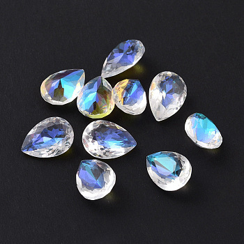 Glass Rhinestone Cabochons, Pointed Back, Faceted, Teardop, Crystal AB, 10x7x5mm