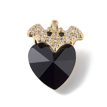 Real 18K Gold Plated Rack Plating Brass Micro Pave Clear Cubic Zirconia Pendants, with Glass, Long-Lasting Plated, Cadmium Free & Lead Free, Bat with Heart Charm, Black, 18x14x9.5mm, Hole: 5x3mm
