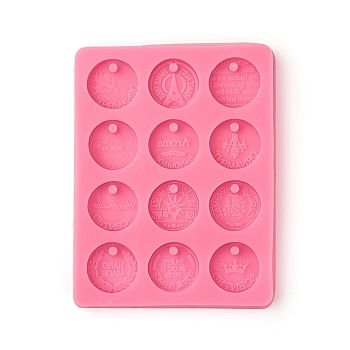 Food Grade Pendant Silicone Molds, Fondant Molds, For DIY Cake Decoration, Chocolate, Candy, UV Resin & Epoxy Resin Jewelry Making, Flat Round with Word, Pink, 137x105x12mm, Inner Diameter: 26.5mm