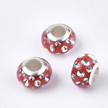 Resin European Beads, Large Hole Beads, with Rhinestone & Platinum Tone Brass Single Core, Rondelle, Red, 11.5x8mm, Hole: 5mm