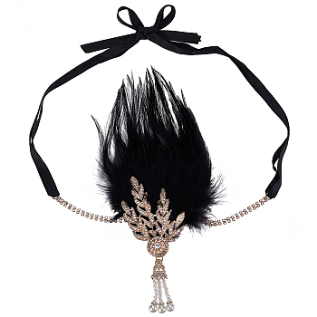 Feather Hippie Headband Floral Crown,with Alloy Chain & Rhinestone, Wedding Party Beach Bridal Decorative Hair Accessories, Black, 220~1170x9~145x22mm, 2pcs/set