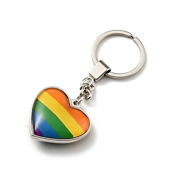 Pride Alloy Keychain, with Iron Ring and Glass, Heart with Rainbow Pattern, Colorful, 10.05cm