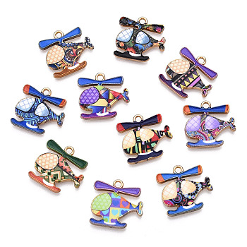 Printed Alloy Pendants, Cadmium Free & Nickel Free & Lead Free, Light Gold, Helicopter Charm, Mixed Color, 17.5x18.5x2mm, Hole: 1.8mm