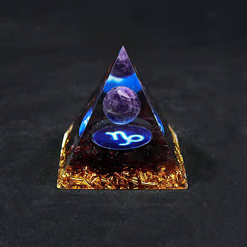 Resin Orgonite Pyramid Home Display Decorations, with Natural Amethyst/Natural Gemstone Chips, Constellation, Capricorn, 50x50x50mm