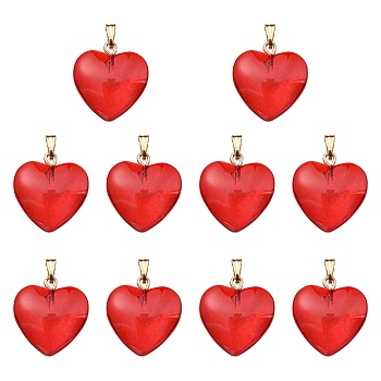 Transparent Spray Painted Glass Pendants, with Golden Plated Iron Findings, Heart Charms, Red, 22x20.5x7mm, Hole: 6x2mm
