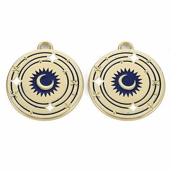 Rack Plating Alloy Pendants, with Enamel, Cadmium Free & Lead Free, Flat Round with Moon, Light Gold, Blue, 27.5x25x1.5mm, Hole: 2.5x1.5mm