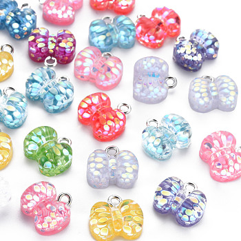 Epoxy Resin Charms, with Sequins/Paillette and Platinum Plated Iron Loop, Butterfly, Mixed Color, 12x13.5x6.5mm, Hole: 2mm
