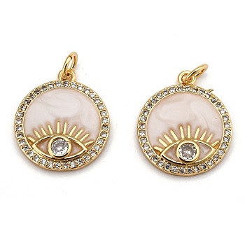 Brass Micro Pave Clear Cubic Zirconia Pendants, Long-Lasting Plated, with Jump Rings & Enamel, Flat Round with Eye, Real 18K Gold Plated, 18x16x2.7mm, Hole: 3.2mm