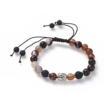 Braided Bead Bracelets, with Antique Silver Plated Alloy Findings, Nylon Thread, Natural Striped Agate and Lava Rock Beads, Buddha, Saddle Brown, 2-1/8 inch(5.5cm)
