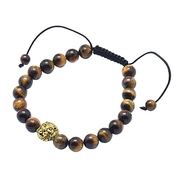 Adjustable Alloy Lion Braided Bead Bracelets, with Natural Tiger Eye Beads, Antique Golden, 2-1/4 inch(57mm)