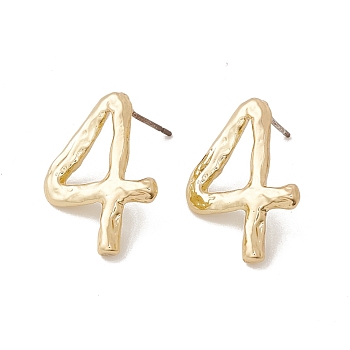 Brass Number Stud Earrings with 925 Sterling Silver Pins for Women, Num.4, 21x15mm, Pin: 0.7mm