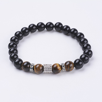Natural Tiger Eye & Black Obsidian & Cubic Zirconia Beaded Stretch Bracelet, Gemstone Jewelry for Women, Inner Diameter: 2-1/8 inch(5.3cm)
