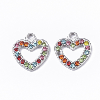 304 Stainless Steel Pendants, with Rhinestone, Heart, Stainless Steel Color, Colorful, 15x14x2mm, Hole: 1.5mm
