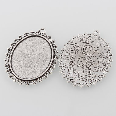 Tibetan Style Antique Silver Alloy Flat Oval Pendant Cabochon Settings(X-TIBEP-M022-40AS)-2