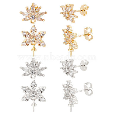 Platinum & Golden Flower Brass+Cubic Zirconia Stud Earring Findings