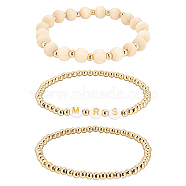 BENECREAT 6Pcs 3 Style Word Mrs Stretch Bracelets Set, Brass Beads, Natural Unfinished Wood & Brass & Acrylic Bracelets for Women, Golden, Inner Diameter: 2-1/8 inch(5.5cm), 2Pcs/style(BJEW-BC0002-06)