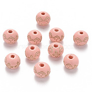 Painted Natural Wood Beads, Laser Engraved Pattern, Round with Flower Pattern, Pink, 10x9mm, Hole: 3mm(X-WOOD-N006-03A-08)