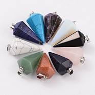 Cone Pendulum Platinum Tone Brass Natural & Synthetic Mixed Stone Pendants, 39~41x18~19mm, Hole: 5x8mm(G-F267-05)