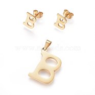 304 Stainless Steel Pendants and Stud Earrings Jewelry Sets, Alphabet, Letter.B, 20~23x13~19x1.5mm, Hole: 6x3mm, 6~10x6~9x1mm, Pin: 0.8mm(SJEW-P099-02G)