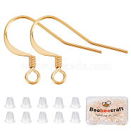 120Pcs Brass Earring Hooks, with Horizontal Loop, Long-Lasting Plated, with 120Pcs Plastic Ear Nuts, Golden, 17x22.5x0.7mm, Hole: 2mm, 21 Gauge, Pin: 0.7mm(KK-BBC0002-49)
