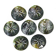Natural Akoya Shell Pendants, Mother of Pearl Shell Pendants, Dyed, 
Flat Round, Medium Sea Green, 33x5~7mm, Hole: 1.6~2mm(SHEL-N026-09C)