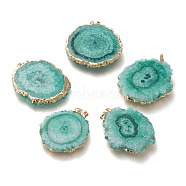 Dyed Natural Druzy Solar Quartz Crystal Pendants, Edge Plated, with Brass Bails, Sunflower, Golden, Green, 40~50x30~45x5~6mm, Hole: 4x6mm(G-F693-01F-G)