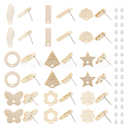 Pandahall 36Pcs 9 Styles Rectangle & Flower & Butterfly & Star Ash Wood Stud Earring Findings, with 304 Stainless Steel Pin & 50Pcs Plastic Ear Nuts, BurlyWood, 14~23x6.5~20mm, Hole: 1.6~2mm, Pin: 0.7mm, 4Pcs/style(EJEW-TA0001-19)