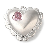 Brass Pendants, with Glass, Nickel Free, Heart Charms, Real Platinum Plated, Pink, 15.5x16.5x6.5mm, Hole: 1.2mm(KK-C028-25P-02)