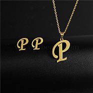 Golden Stainless Steel Initial Letter Jewelry Set, Stud Earrings & Pendant Necklaces, Letter P, No Size(IT6493-1)
