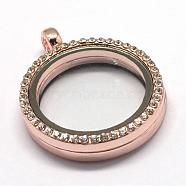 Flat Round Alloy Glass Magnetic Locket Pendants, Photo Frame Living Memory Floating Charms, with Rhinestones, Rose Gold, 36.2x29.5x7mm, Hole: 3.5mm, Inner Measure: 22.2mm(PALLOY-S046-03RG)