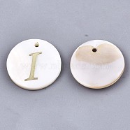 Natural Freshwater Shell Pendants, with Golden Plated Brass Etched Metal Embellishments, Flat Round with Letter, Letter.I, 15x2mm, Hole: 1.2mm(X-SHEL-N027-04I)