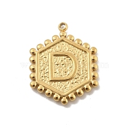 201 Stainless Steel Pendants, Golden, Hexagon with Letter Charm, Letter D, 21x16.5x2mm, Hole: 1.5mm(STAS-R227-01E-G)