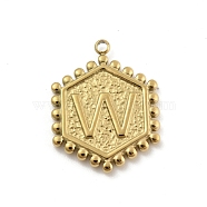 201 Stainless Steel Pendants, Golden, Hexagon with Letter Charm, Letter W, 21x16.5x2mm, Hole: 1.5mm(STAS-R227-01W-G)