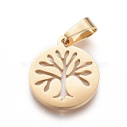 304 Stainless Steel Pendants, Flat Round with Tree of Life, Golden, 16x13.5x1.3mm, Hole: 6x3mm(STAS-I130-27G)