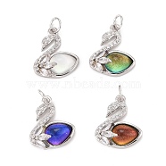 Brass Micro Pave Clear Cubic Zirconia Charms, with Platinum Plated Brass Loops & Glass, Cadmium Free & Nickel Free & Lead Free, Swan, Mixed Color, 13x14x7.5mm, Hole: 3.5mm, Jump Ring: 5x0.8mm(ZIRC-C030-05P)