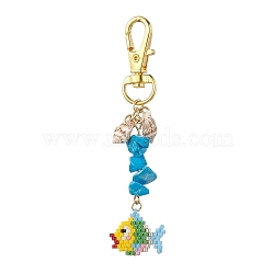 MIYUKI Delica Pendant Decorations, with Synthetic Turquoise Chip Beads and Natural Shell Charms, Fish, Colorful, 82mm, Pendnats: 54x19x6.5mm(HJEW-MZ00036)