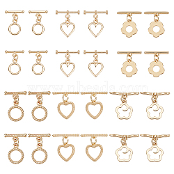 24Pcs 6 Styles Rack Plating Brass Toggle Clasps, Cadmium Free & Lead Free, Long-Lasting Plated, Heart & Ring & Flower, Mixed Shape, Light Gold, Ring: 12~14x10~12x1.2~1.8mm, Hole: 1.6mm, Bar: 14.5~20x3.5~6.6x1.8~3mm,  Hole: 1.2~1.8mm, 4pcs/style(KK-DC0001-45)