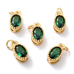 Real 18K Gold Plated Brass Inlaid Cubic Zirconia Charms, with Jump Ring, Long-Lasting Plated, Oval, Green, 9.5x5x4mm, Jump Ring: 4x0.5mm, 2.5mm Inner Diameter(ZIRC-L100-079G-05)