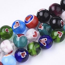 Handmade Lampwork Beads Strands, Round with Heart, Mixed Color, 9.5~10mm, Hole: 1.5mm, about 38pcs/strand, 14.3 inch(LAMP-S191-10C)