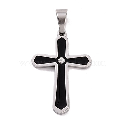 304 Stainless Steel Pendants, with Rhinestone and Enamel, Cross, Stainless Steel Color, 34x24x2.5mm, Hole: 9x5mm(STAS-D188-03P)
