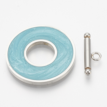 304 Stainless Steel Toggle Clasps, with Enamel, Ring, Turquoise, Ring: 29.5x2mm, Inner Diameter: 12mm, Bar: 21x7x3mm, Hole: 2mm