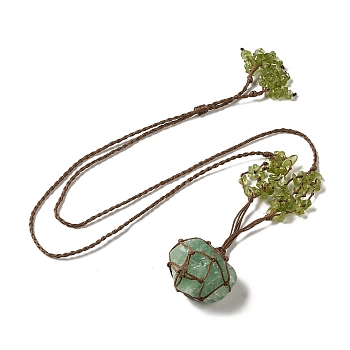 Natural Green Fluorite Braided Bead Pendants Necklacess, with Peridot Chips, Wax Rope Pouch Adjustable Necklaces, 27.24~29.84 inch(69.2~75.8cm)