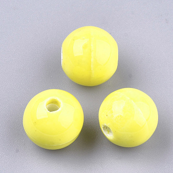 Handmade Porcelain Beads, Bright Glazed Porcelain, Round, Yellow, 14~14.5x13.5~14mm, Hole: 2.5~3mm