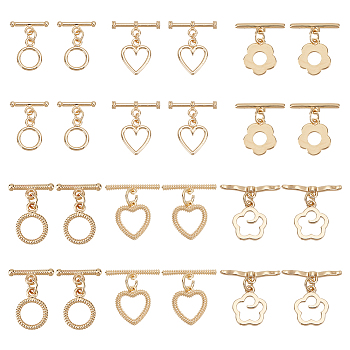24Pcs 6 Styles Rack Plating Brass Toggle Clasps, Cadmium Free & Lead Free, Long-Lasting Plated, Heart & Ring & Flower, Mixed Shape, Light Gold, Ring: 12~14x10~12x1.2~1.8mm, Hole: 1.6mm, Bar: 14.5~20x3.5~6.6x1.8~3mm,  Hole: 1.2~1.8mm, 4pcs/style