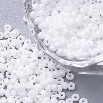 8/0 Grade A Round Glass Seed Beads, Baking Paint, White, 3x2mm, Hole: 1mm, about 1111pcs/50g