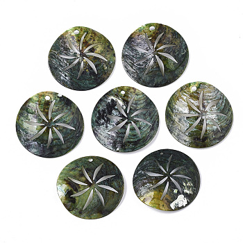 Natural Akoya Shell Pendants, Mother of Pearl Shell Pendants, Dyed, 
Flat Round, Medium Sea Green, 33x5~7mm, Hole: 1.6~2mm